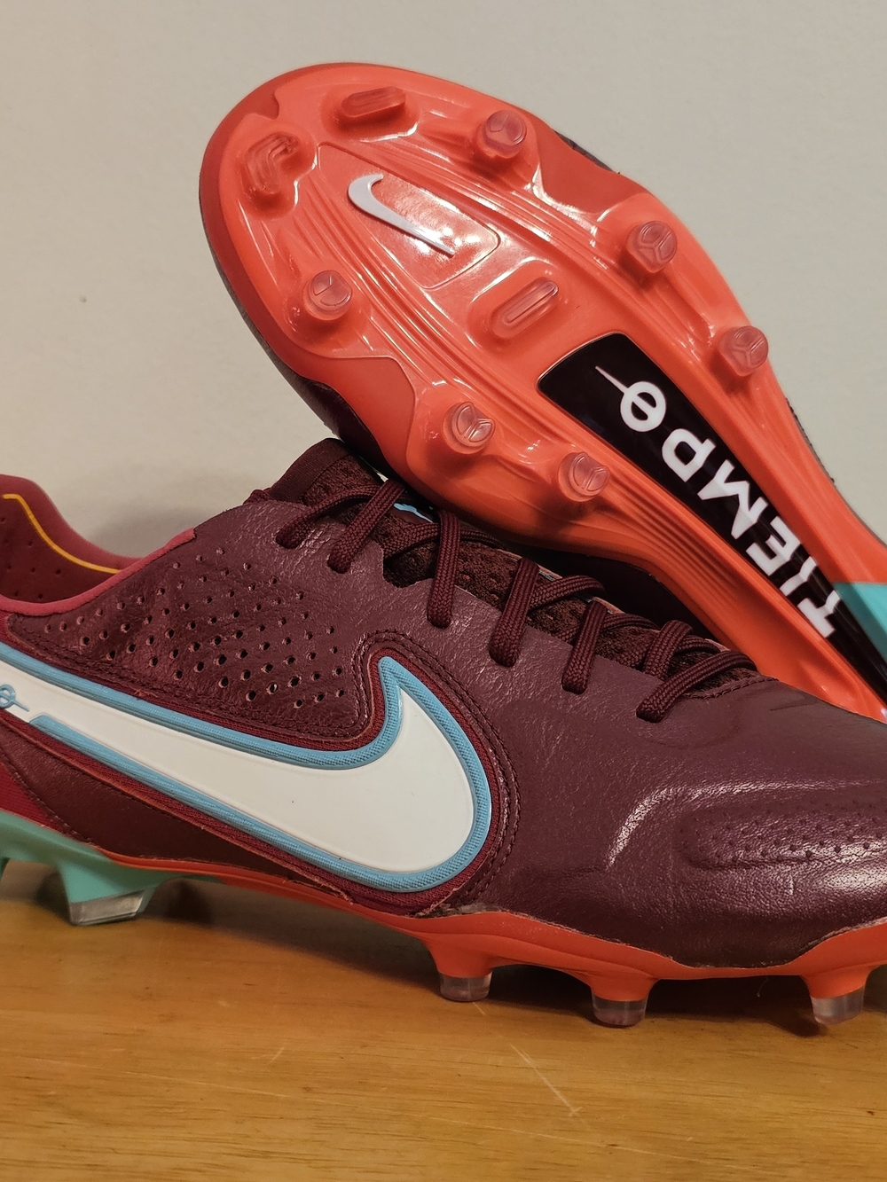 Nike Maroon Tiempo Soccer Cleats with Coral Outsole and White Swoosh